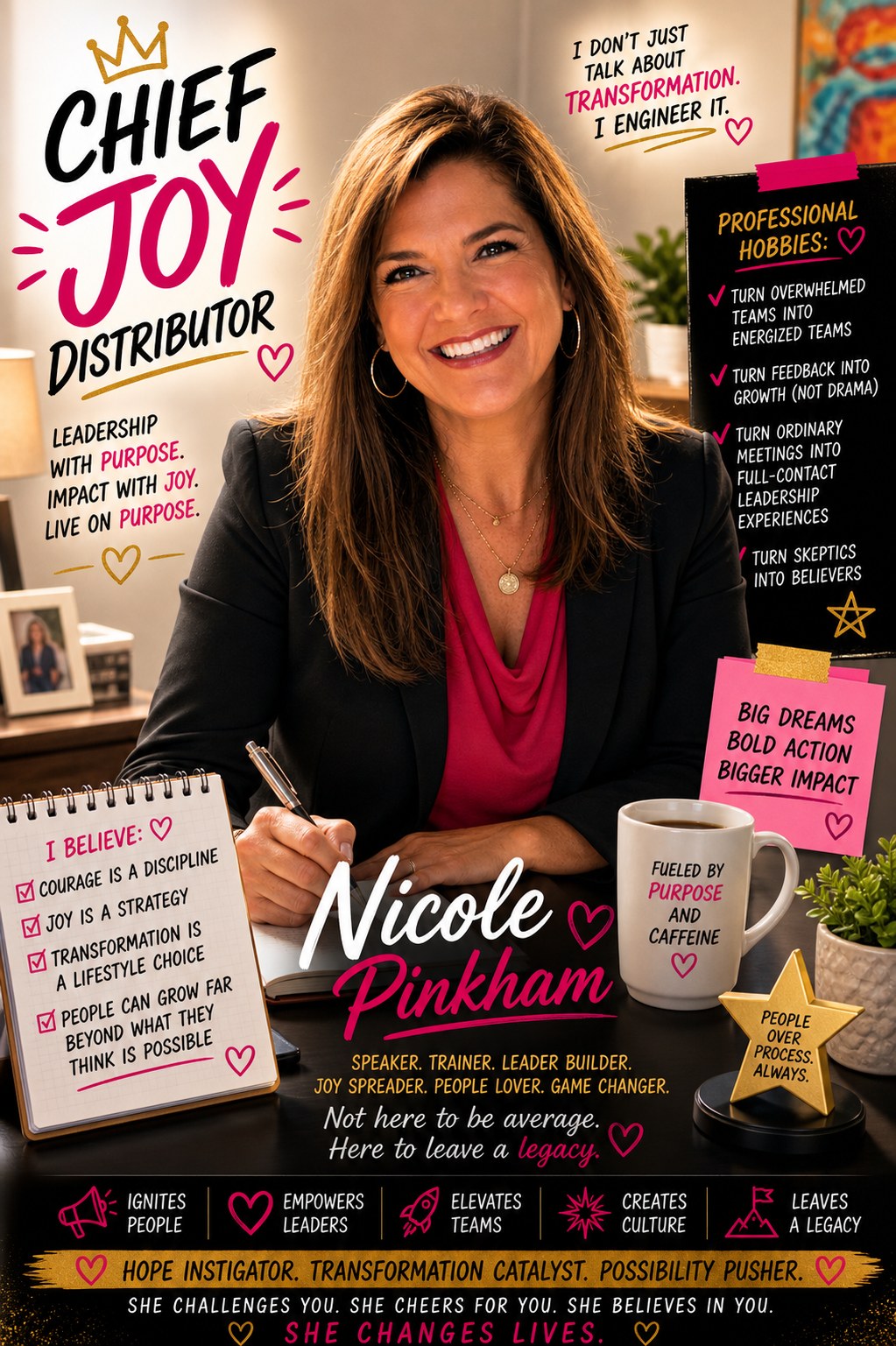 Chief Joy Distributor — Nicole Pinkham. Speaker, trainer, leader builder, joy spreader, people lover, game changer. I believe: courage is a discipline, joy is a strategy, transformation is a lifestyle choice, people can grow far beyond what they think is possible.