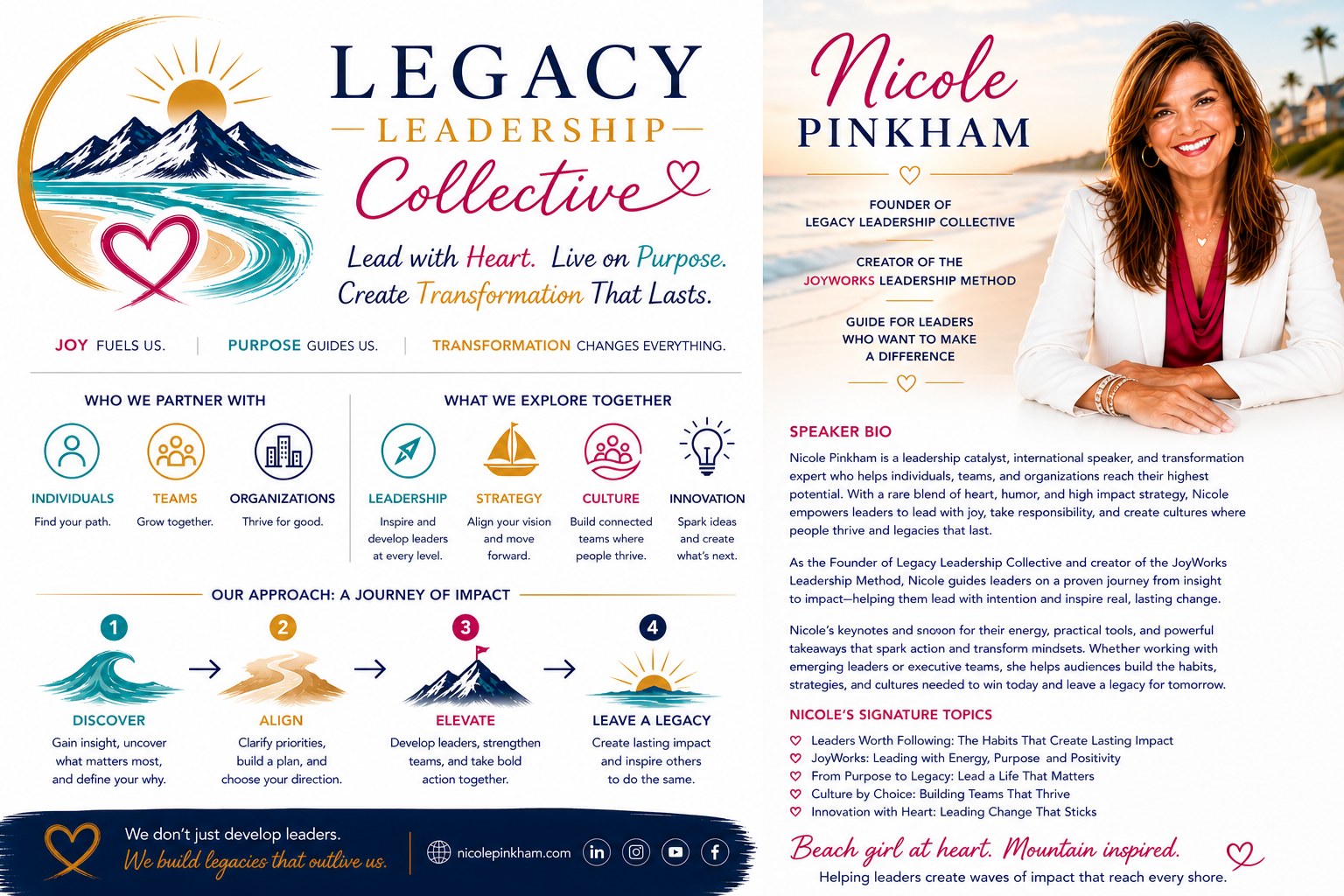 Legacy Leadership Collective — Lead with Heart, Live on Purpose, Create Transformation That Lasts. Speaker bio for Nicole Pinkham, signature topics, partnership focus, four-stage approach: Discover, Align, Elevate, Leave a Legacy.